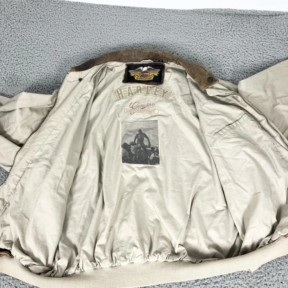 Vintage Harley-Davidson Jacket Mens 2XL Beige Canvas Leather Bomber Motorcycle